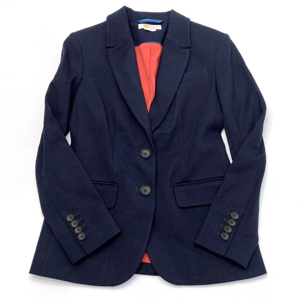 Boden Navy Blue Blazer Jacket Womens US 2P Petite UK 6P Red Lined Stretch Ponte